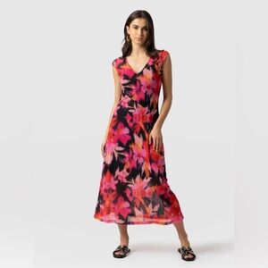 Saint + Sofia Ramona Mesh Midi Dress Pink Red Black Soft Focus Print Size 4